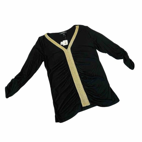august silk Tops - August Silk Women Size Small Black 3/4 Sleeve Gold V Neck Lightweight Stretchy